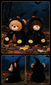 Three-view detail of Halloween teddy bears wearing wizard hats and pumpkin capes
