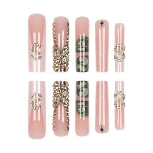 Faux ongles extra longs avec strass signe dollar et motifs de billets de style français