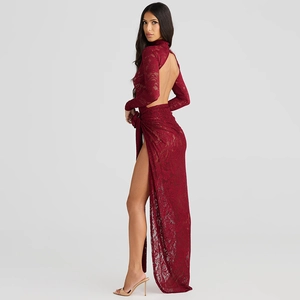 Sexy dark red lace bodycon set with backless bodysuit and side slit long skirt