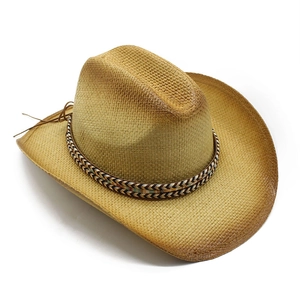 Classic woven straw cowboy hat with ethnic geometric band and distressed brim design
