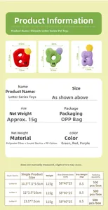 Size chart showing height and width for alphabet plush squeaky dog toys in green and red