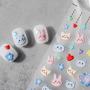 3D embossed nail stickers with cute cartoon bears, rabbits, and flowers in pastel colors