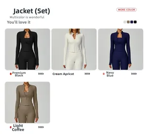 Ribbed yoga set featuring slim fit zip jackets and high waist leggings in four colors