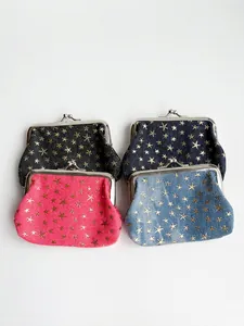 Four-pack denim star print coin purses with vintage silver metal frame clasp closures