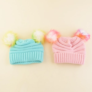 Gradient color knitted winter hat for baby girls with colorful double pompoms