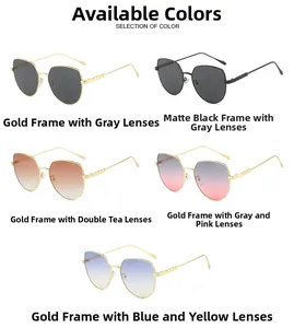 Macro detail of oversized cat-eye sunglasses with square-patterned metal frames in five colors