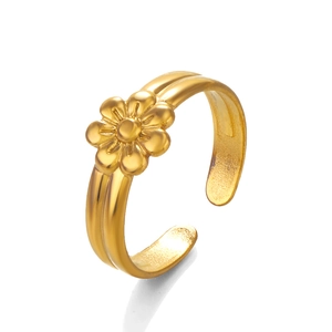 Adjustable 18K gold plated stainless steel flower ring for women in French vintage style