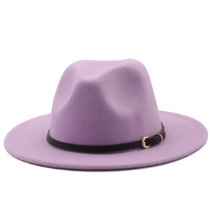 Detail of lavender wool fedora hat featuring black leather band and gold metal buckle