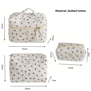 Three-piece quilted cotton toiletry bag set with red cherry patterns and dimensions