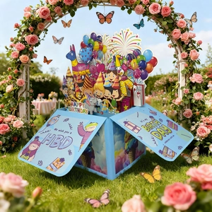 3D pop-up birthday surprise box with colorful cartoon illustrations on garden lawn