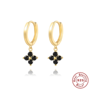 Elegant 925 sterling silver gold-plated clover earrings with black four-leaf motifs