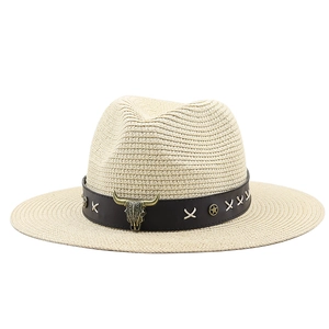 Bohemian beige straw sun hat with leather band and vintage metal bull head accent