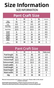 Detailed size chart for 3D printed high waist yoga pants including length and hip measurements