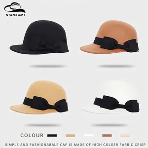 Women Retro Cloche Hat Polyester Wool Felt Large Bow Ribbon Elegant Winter Autumn Warm Short Brim Dress Bucket Hat