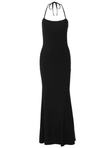 Slim fit black halter neck dress with back tie design for an elegant evening look