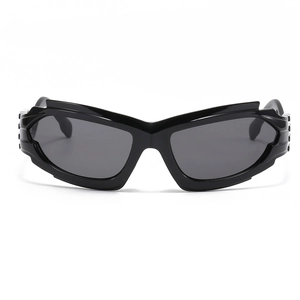 Futuristic hollow frame sunglasses with dark grey lenses and a sleek black finish