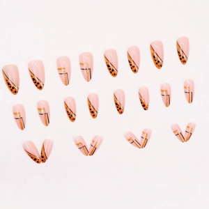 Set of 24 almond-shaped leopard print press-on nails with glitter and black line accents