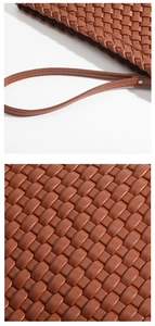 Macro detail of caramel brown woven leather texture and elegant handbag wrist strap