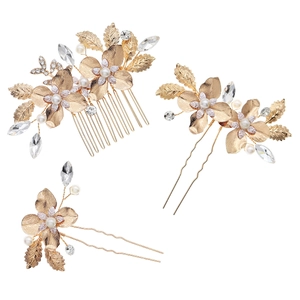 Elegant 3-piece golden bridal hair jewelry set with crystal flowers and pearls