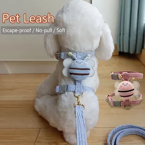 Corduroy Pet Harness And Leash Adjustable Soft Padded Vest For Small Dogs Cats With Cute Cartoon Bee Decor Alloy Buckle