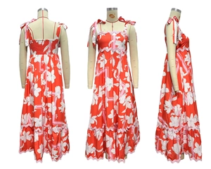 Front and back views of a floral sundress showing tie straps and ruffle trim details