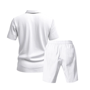 Rear view of white men's linen polo shirt and shorts set with fine knit texture