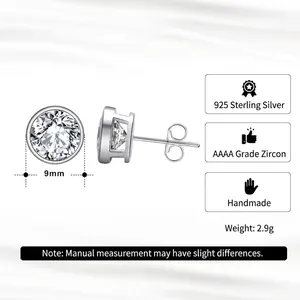 925 sterling silver round 9mm stud earrings with 4A cubic zirconia for women