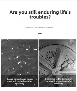 Detail view of laundry problems like lint on clothes and dirt in washing machine drum