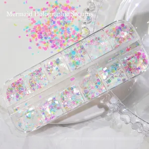 Coffret de paillettes sirène holographiques 12 cases avec formes étoiles et cœurs