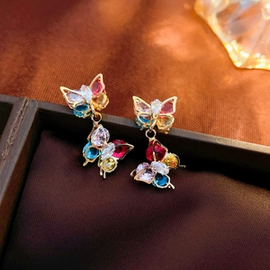 Colorful zircon butterfly drop earrings in gold alloy finish for a sweet elegant style