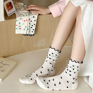 Women Mesh Crew Socks Sweet Ruffle Cuff Cotton Hollow Out Polka Dot Heart Pattern Summer Breathable Slouch Socks Japanese Style