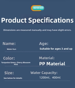 Detailed specifications for large spray water gun showing capacity and age requirements