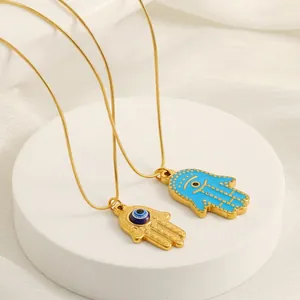 Hamsa Hand Evil Eye Pendant Necklace 18K Gold Plated Stainless Steel Enamel Retro Ethnic Protective Amulet Women Jewelry