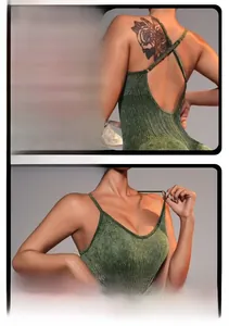 Front and back detail of green sand-washed ribbed yoga jumpsuit with crisscross straps