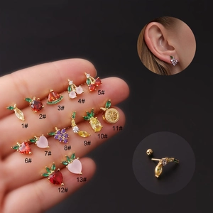 Fruit Cartilage Stud Earrings Colorful Zircon Stainless Steel Screw Back Helix Piercing Jewelry For Women Girls