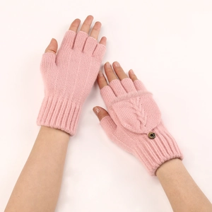 Dettagli della maglia rosa di guanti senza dita convertibili con patta e bottone