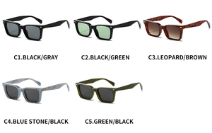 Five assorted retro square sunglasses in black, leopard, and marble patterns on white