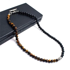 Detailed view of 6mm tiger's eye and black obsidian beaded necklace with stainless steel OT buckle