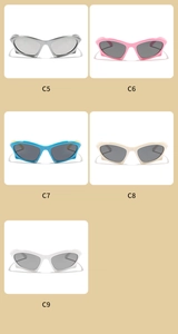 Futuristic cat-eye kids sunglasses collection in silver, pink, blue, beige, and white