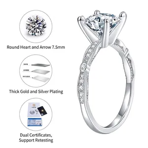 7.5mm round moissanite ring in 925 sterling silver with three-layer plating