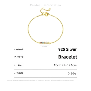 Detail showing S925 silver bracelet length dimensions and colored zircon gemstone measurements