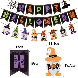 Detail of Happy Halloween banner set showing dwarf motifs and 13x18cm flag dimensions