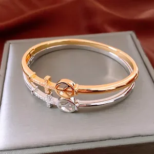 Cross Peace Sign Bangle Bracelet 18K Gold Plated Copper With Cubic Zirconia Minimalist Fashion Jewelry For Women
