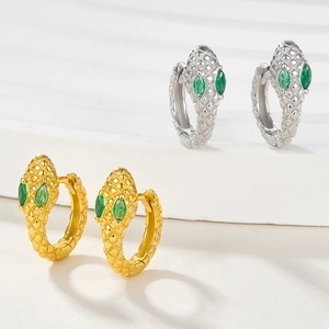 S925 silver snake earrings with gold finish, green gemstones and zircon detailing