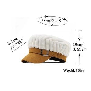Women's vintage striped plush baker boy hat in white and tan with size measurements