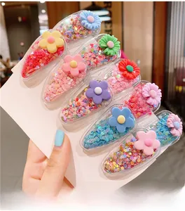 Close-up of 7pcs colorful flower hair clips with glitter sequins and resin details