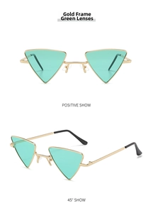 Front and 45-degree views of gold triangle sunglasses with green lenses and metal frames