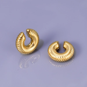 Vintage 18k gold plated hollow C-shaped hoop earrings with spiral donut texture