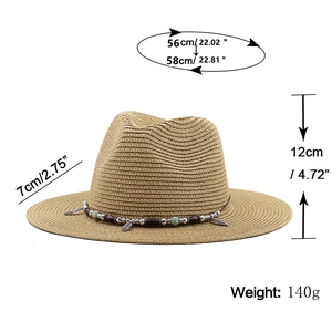 Brown woven straw jazz hat for beach sun protection with bohemian bead and feather band