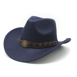 Classic navy blue wool felt western cowboy hat with a star badge and braided leather band